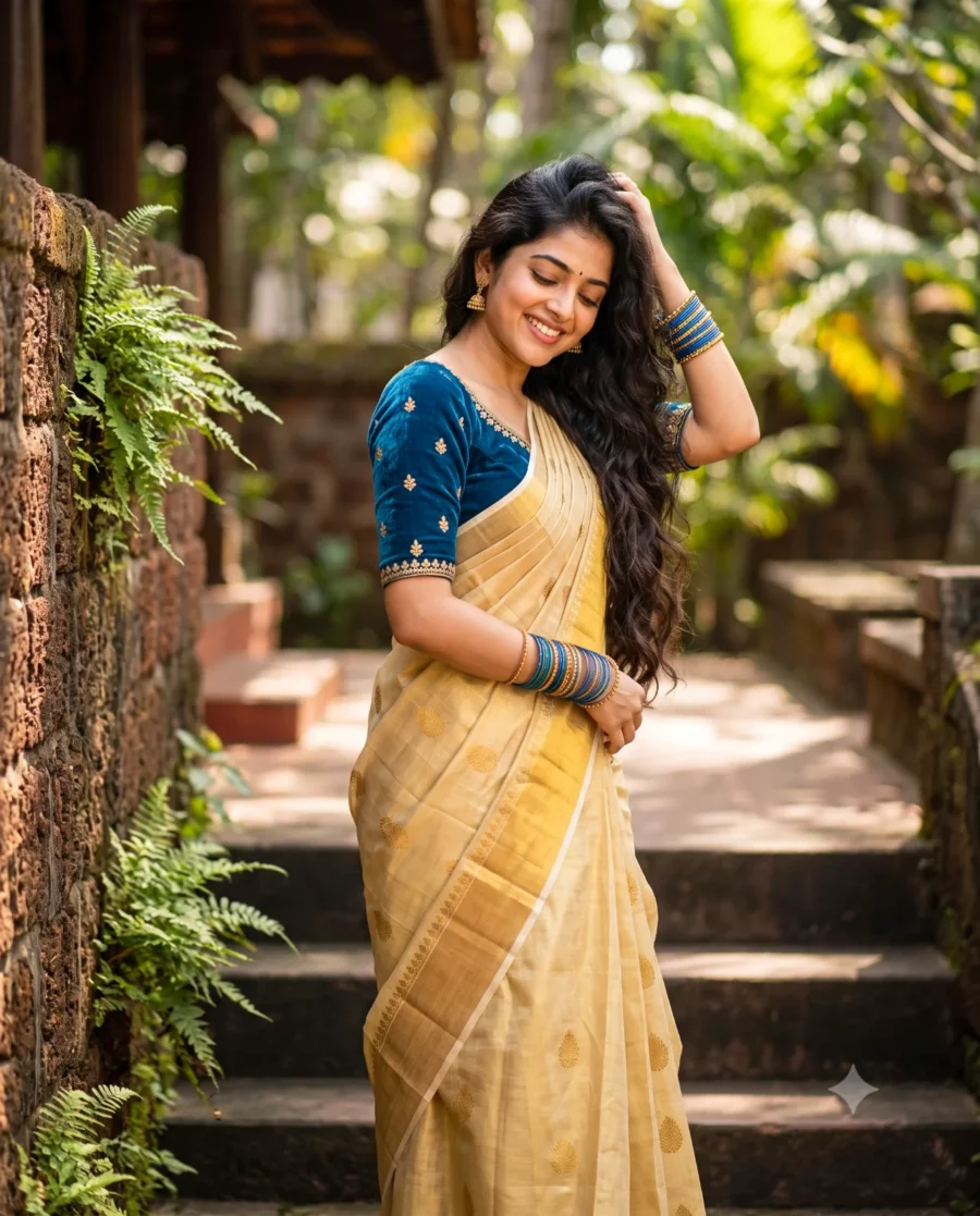 A woman wearing a gold-tissue saree and peacock-blue blouse generated from a Kasavu Saree Prompt.