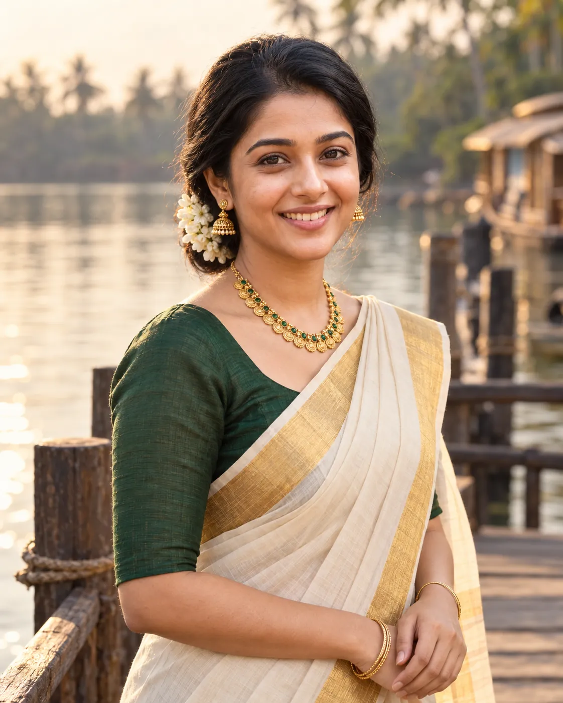 Realistic Kerala Kasavu saree portrait beside the backwaters in warm afternoon light