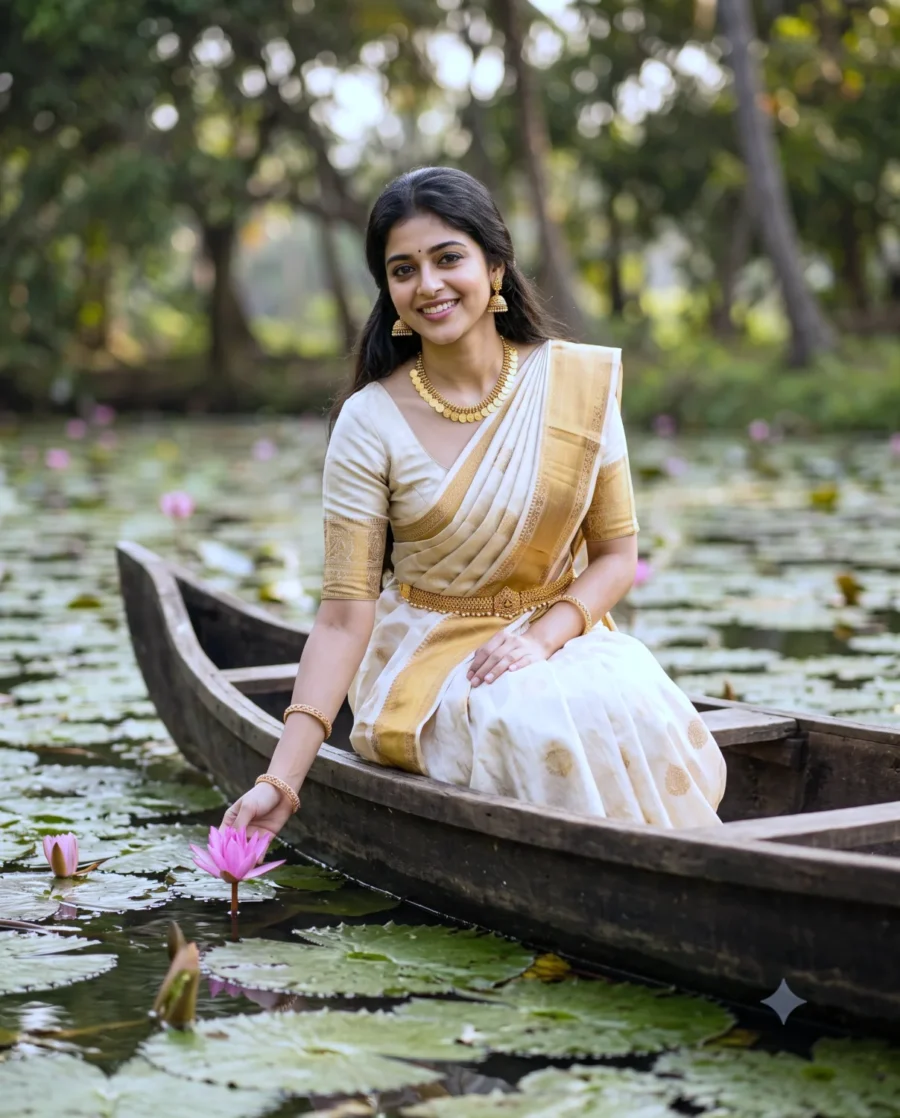 Kerala Saree Portrait Prompt render showing a woman in an ivory silk saree on a lotus pond.