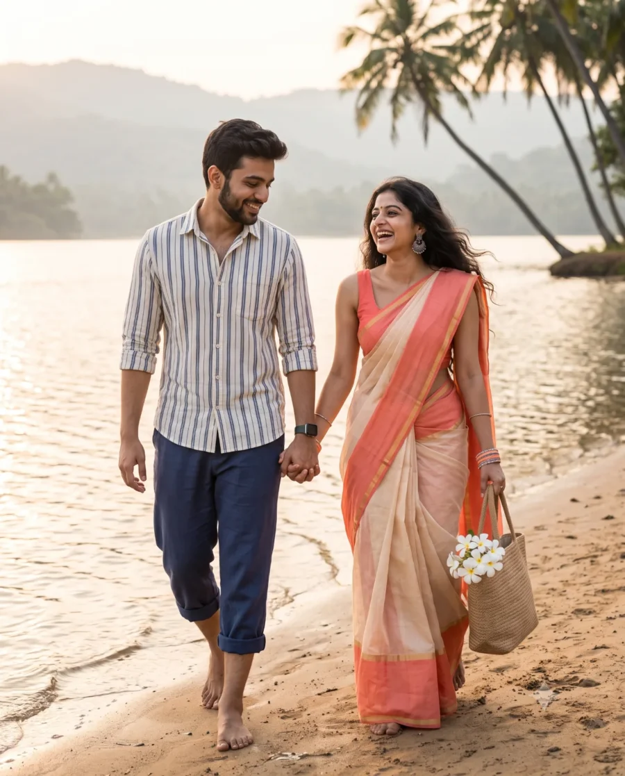 Golden hour couple portrait of a man and woman in traditional Indian attire walking along a tranquil lake shore.