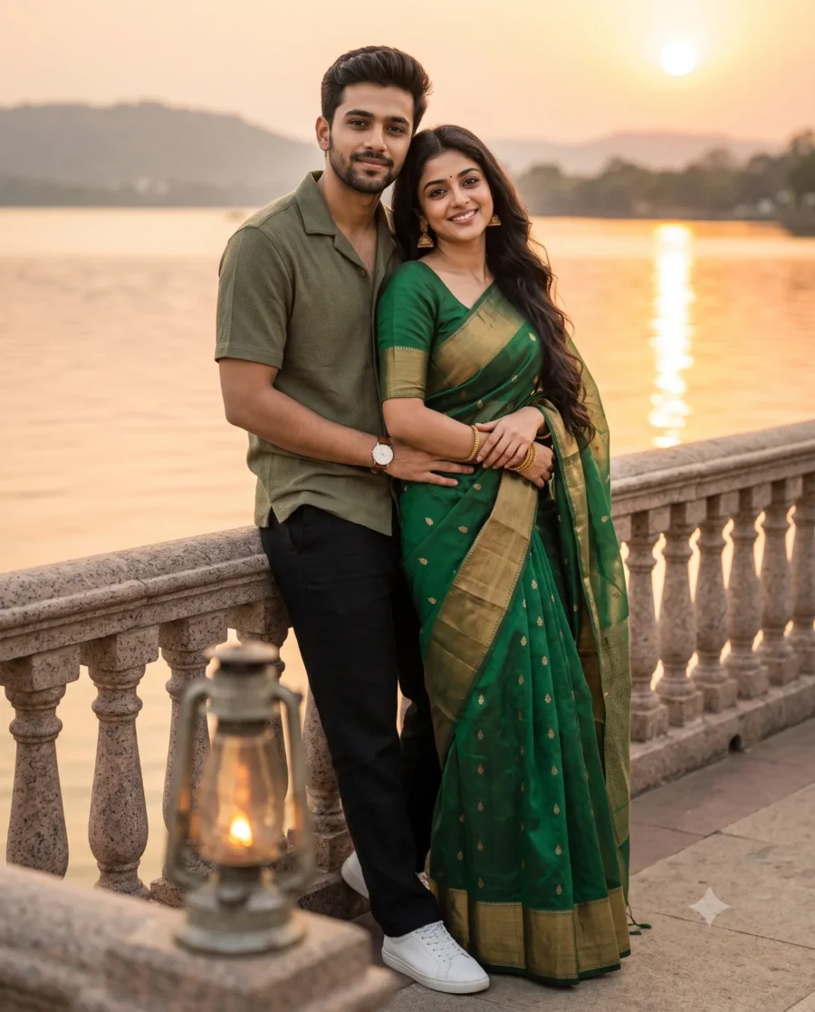 Sunset couple portrait of a man and woman in an emerald saree standing along a lakeside balustrade.