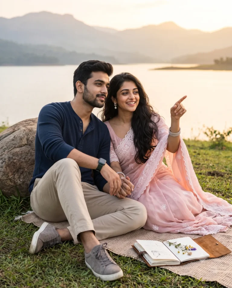 Lakeside Sunset Couple Prompt, Portrait of a man in a navy henley and woman in a pink saree sitting by the water at sunset.