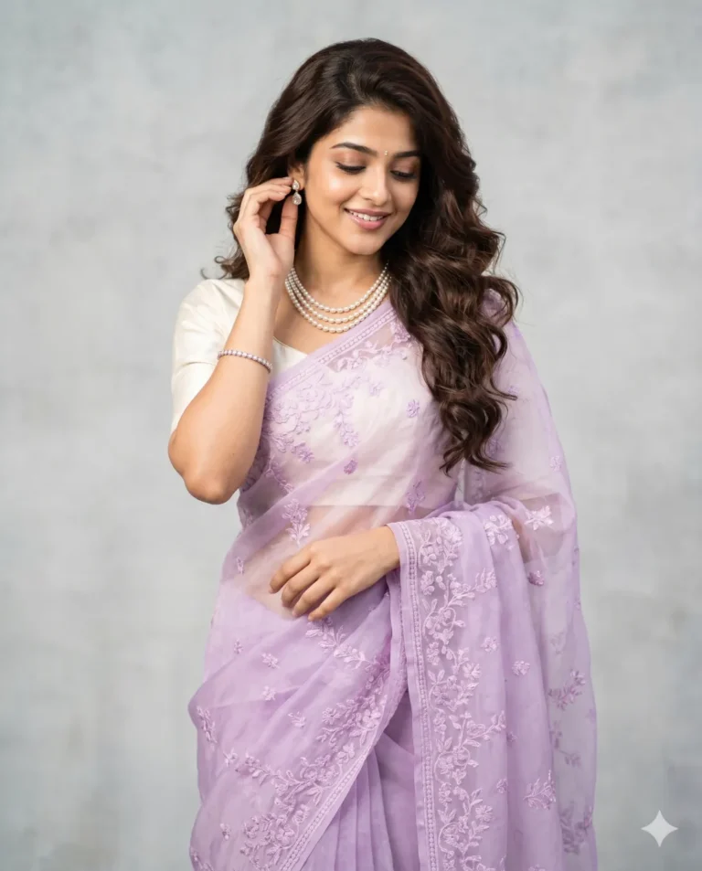 A serene woman wearing delicate organza generated from this lavender saree prompt, standing against a softly defocused wall.