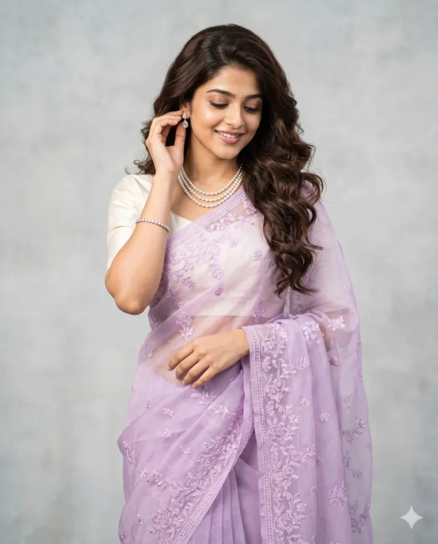 A serene woman wearing delicate organza generated from this lavender saree prompt, standing against a softly defocused wall.