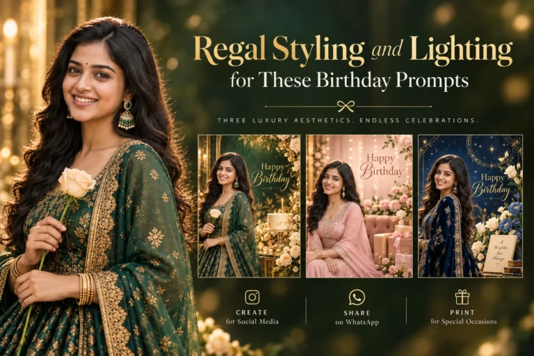 A woman in a gown and gold foil text created from Birthday Prompts.