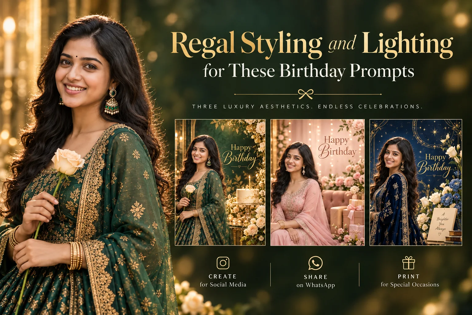 A woman in a gown and gold foil text created from Birthday Prompts.