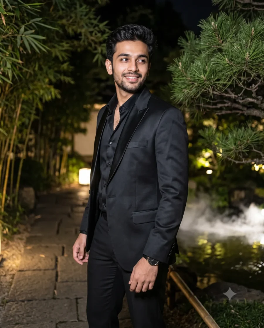 A realistic candid nighttime portrait of a man in a black tuxedo looking over his shoulder in a Japanese garden setting.