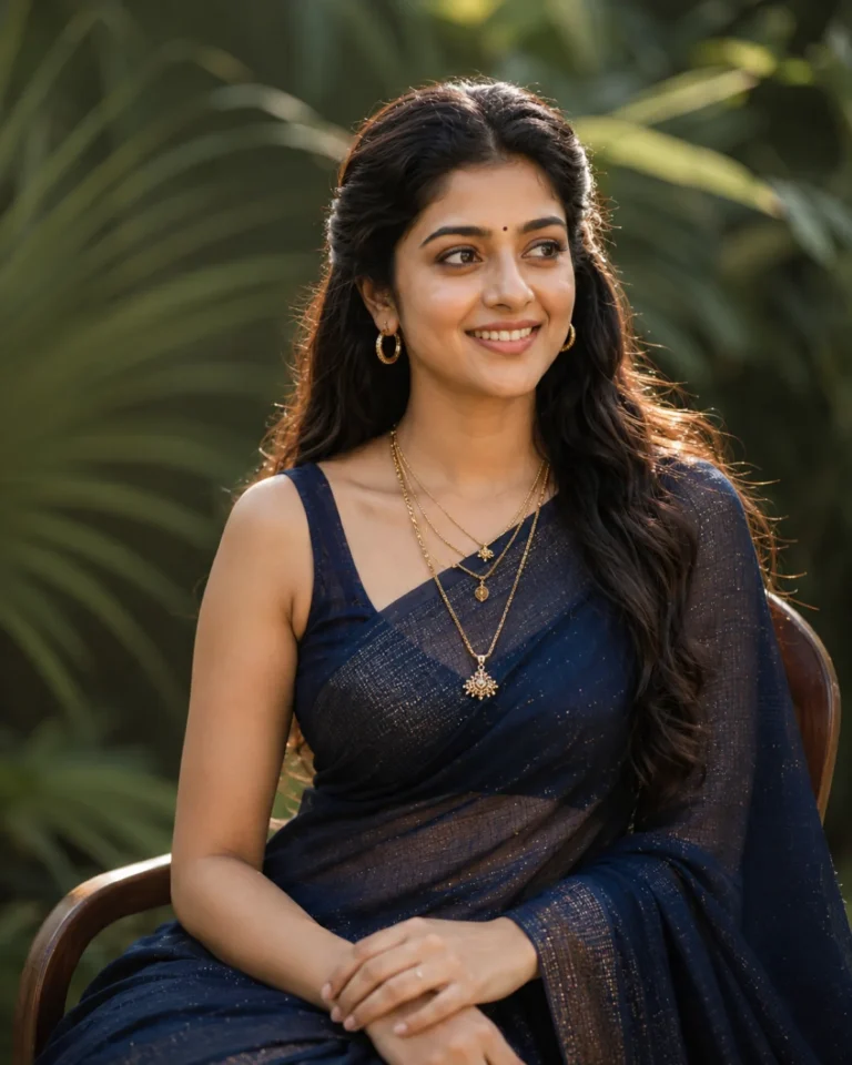 An elegant woman seated in a lush garden using the Blue Saree AI Prompt for a lifelike fashion portrait.