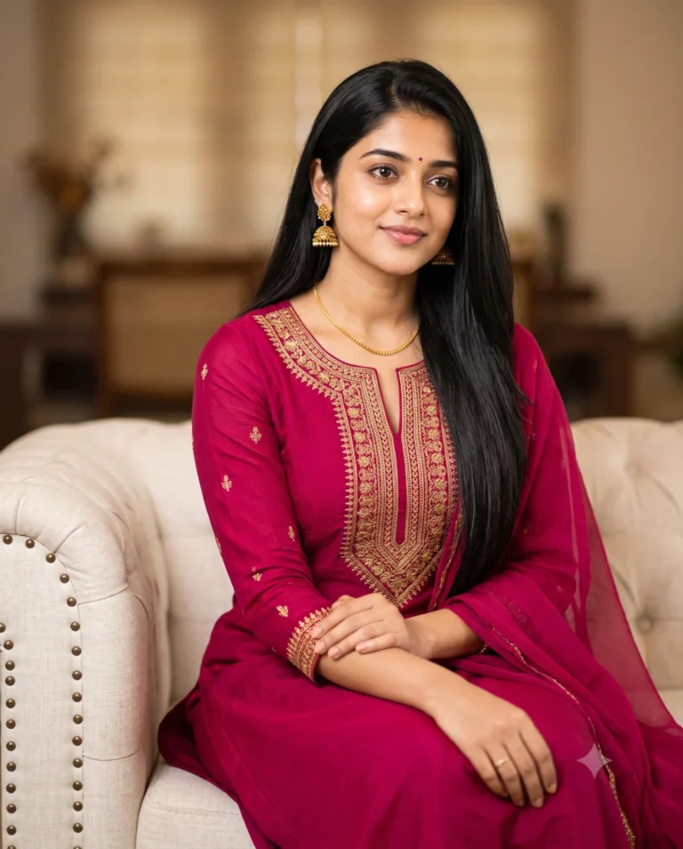 Salwar Prompt generating a South Asian woman in a magenta outfit sitting on an off-white sofa.