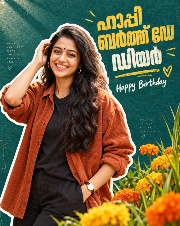 A vibrant Malayalam birthday poster showing a smiling South Asian woman framed with a white paper cutout sticker effect.