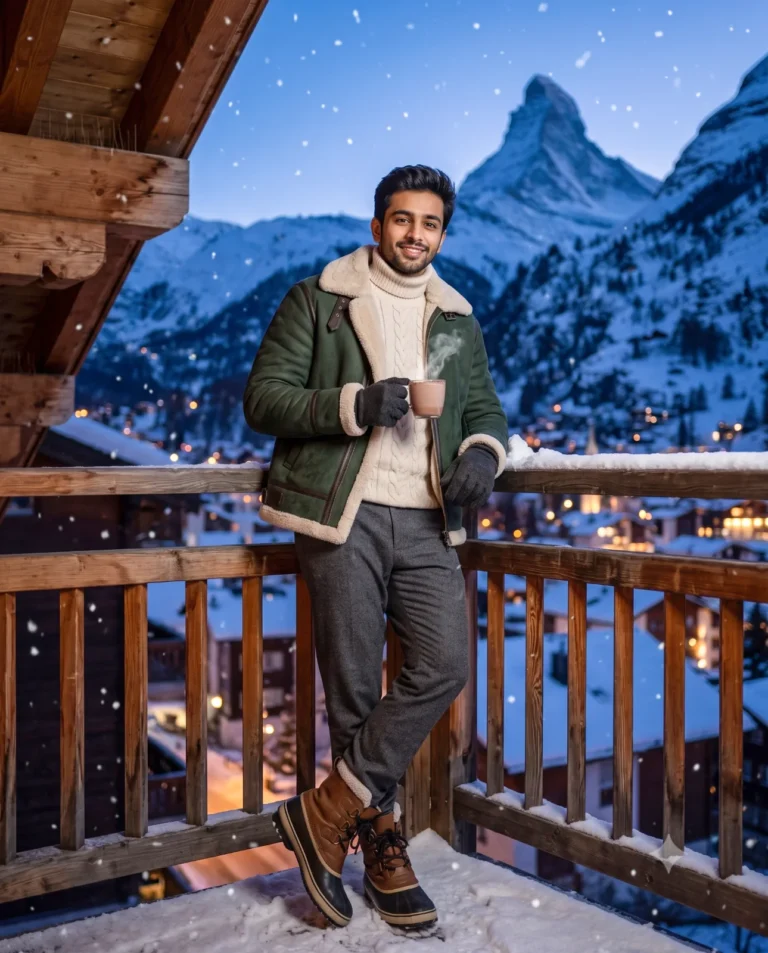 Alpine chalet portrait of a South Asian man in a shearling jacket holding hot cocoa at twilight.
