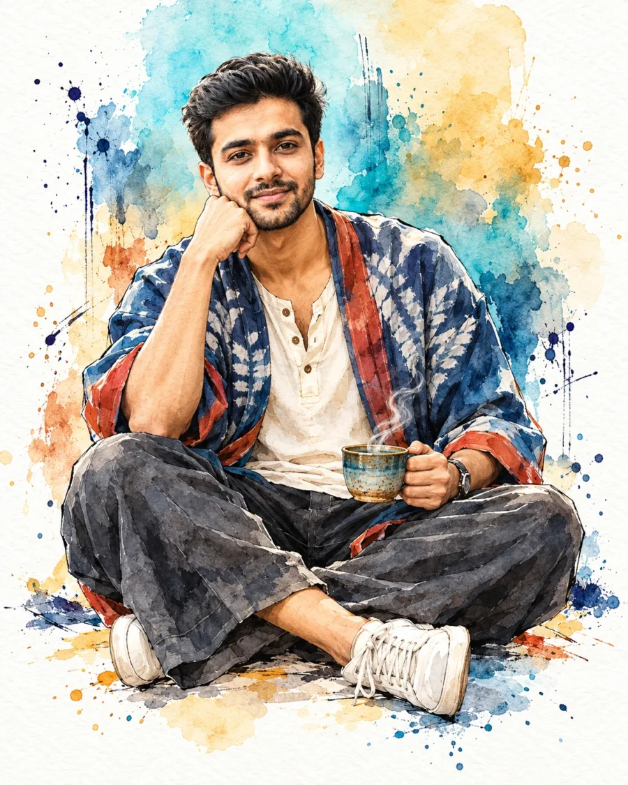 Watercolor Ink Illustration Portrait of a seated man in an indigo shibori jacket holding a teacup with steam wisps.