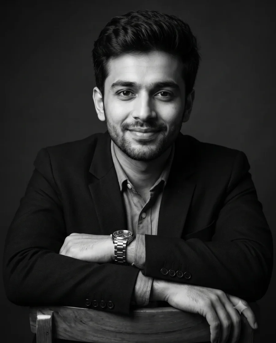 A smiling man in a suit created with this black and white prompt, featuring dramatic chiaroscuro studio lighting.