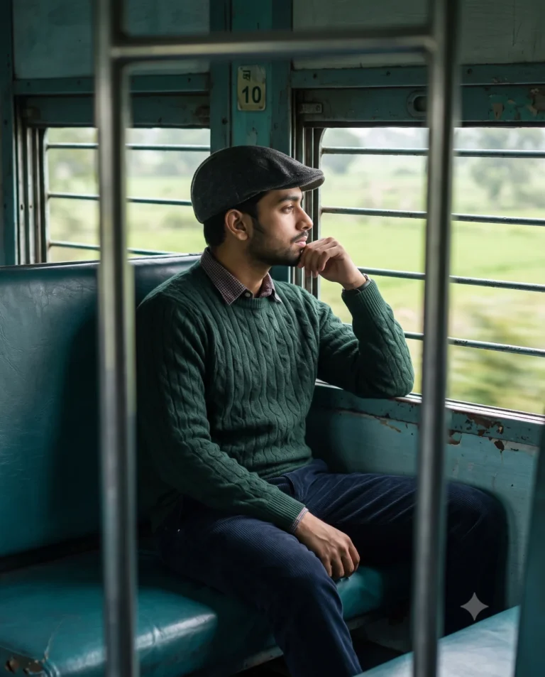 Cinematic train portrait of a young man in a tweed cap looking thoughtfully out a window with moody lighting.