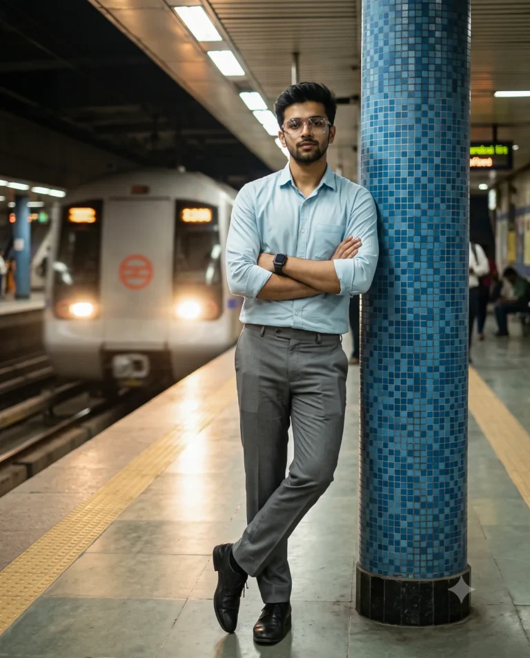 A realistic photo generated with a gemini metro prompt showing a young man with glasses on a subway platform at night.