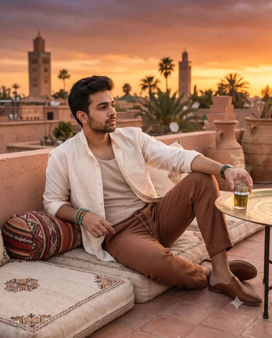 A South Asian man relaxing with mint tea in a Marrakech Rooftop Sunset Portrait featuring warm lighting and Medina views.
