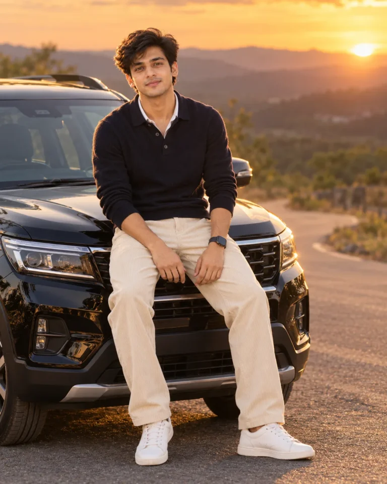 Cinematic golden hour suv portrait of a man sitting on an SUV hood during a sunset road trip.