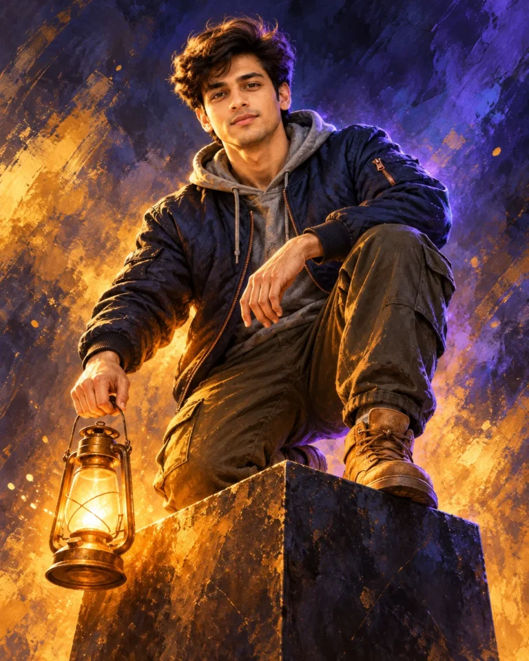 Digital Concept Art Portrait of a man holding a glowing brass lantern on a metal cube in violet light.
