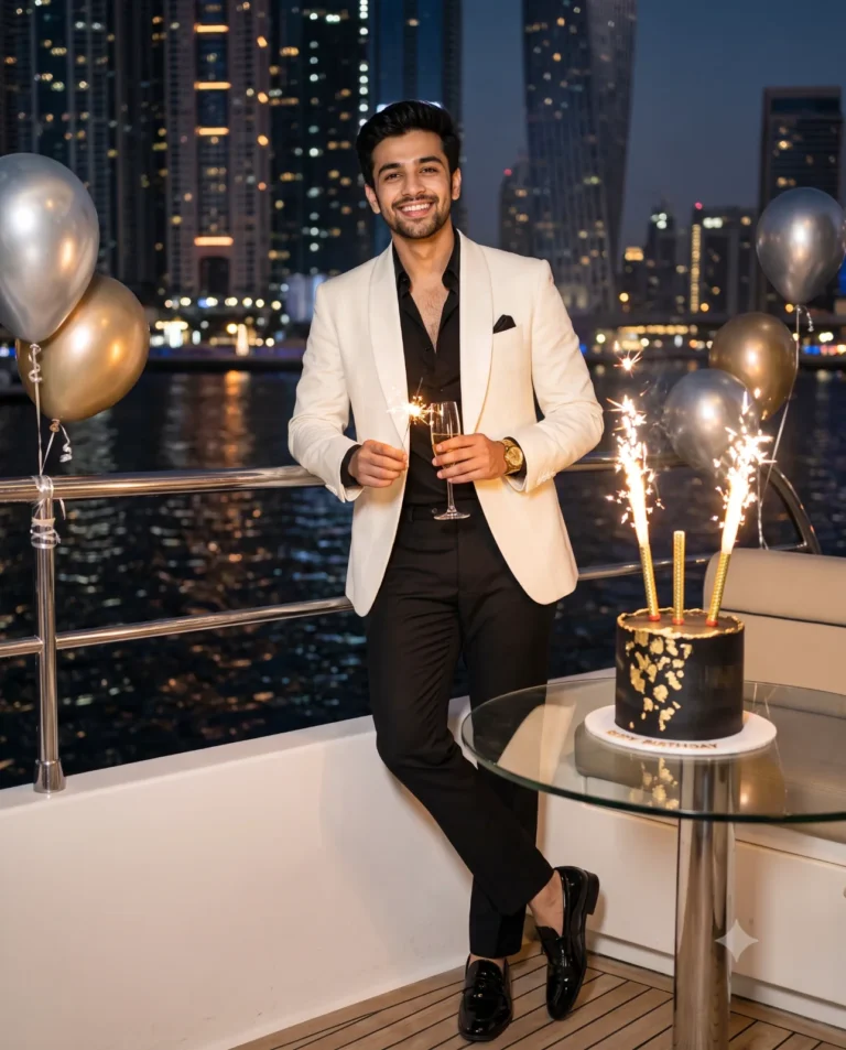 Yacht birthday portrait of a South Asian man in an ivory tuxedo holding a sparkler on a Dubai yacht deck.