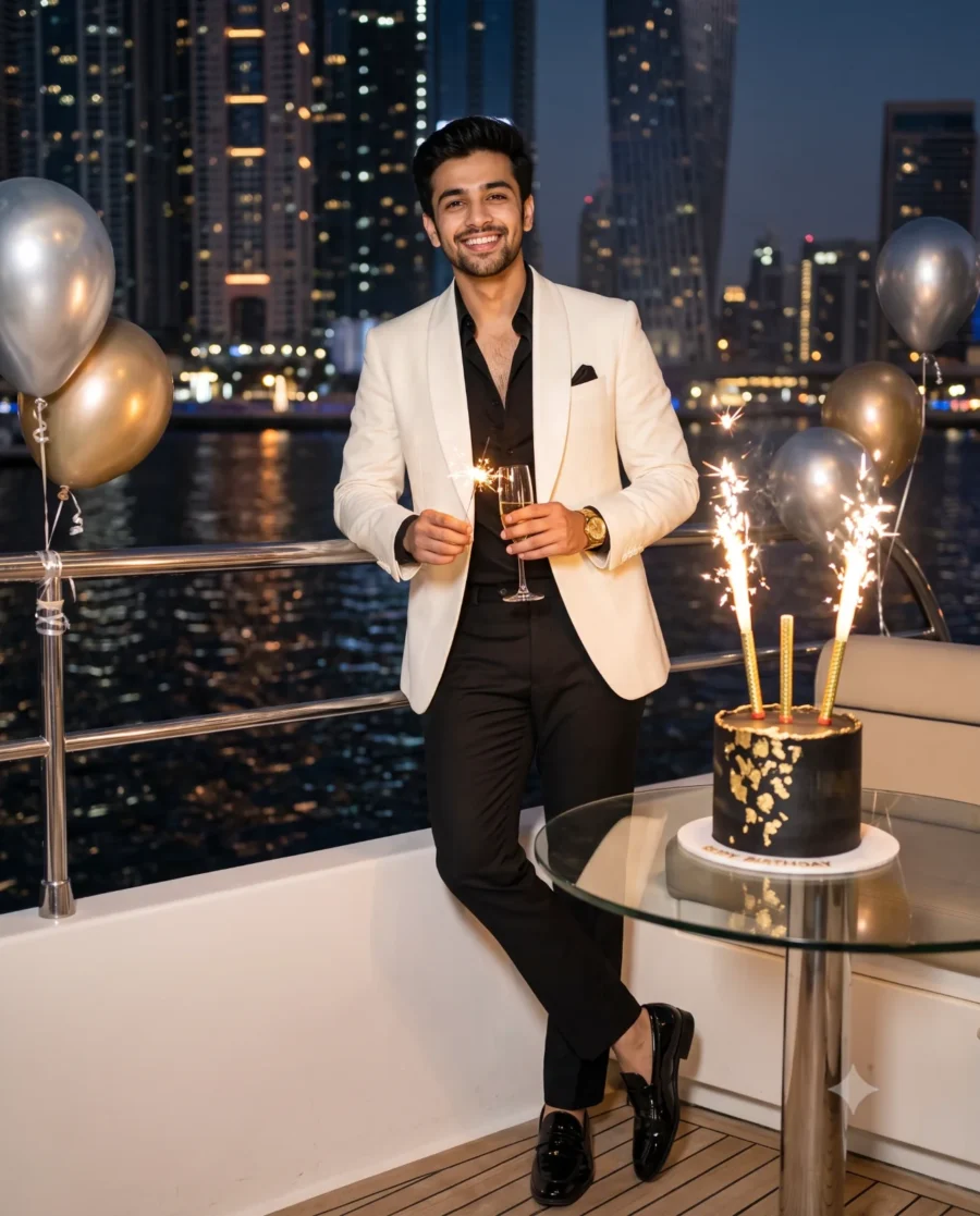 Yacht birthday portrait of a South Asian man in an ivory tuxedo holding a sparkler on a Dubai yacht deck.