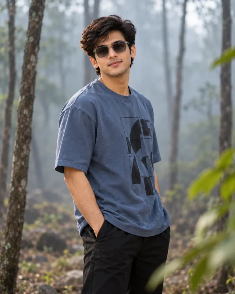 AI Men's Fashion Portrait of a man in a slate-blue graphic tee and square sunglasses standing in a misty forest.