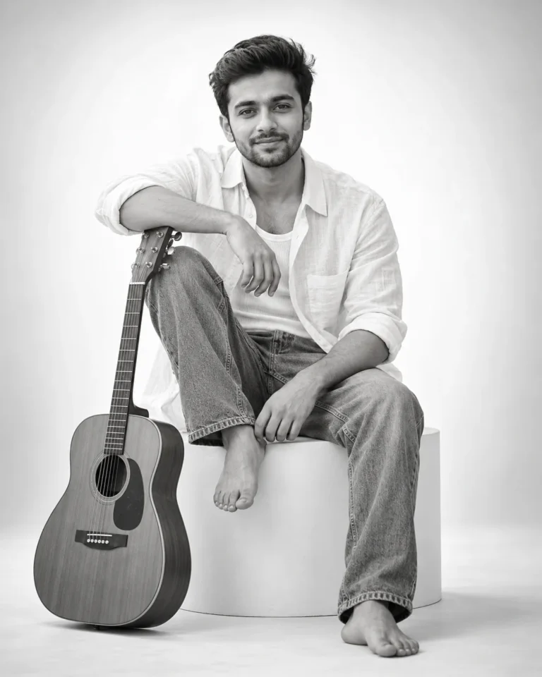 High-Key Studio Portrait of a seated man holding an acoustic guitar on a white plinth in a minimalist cyclorama studio.