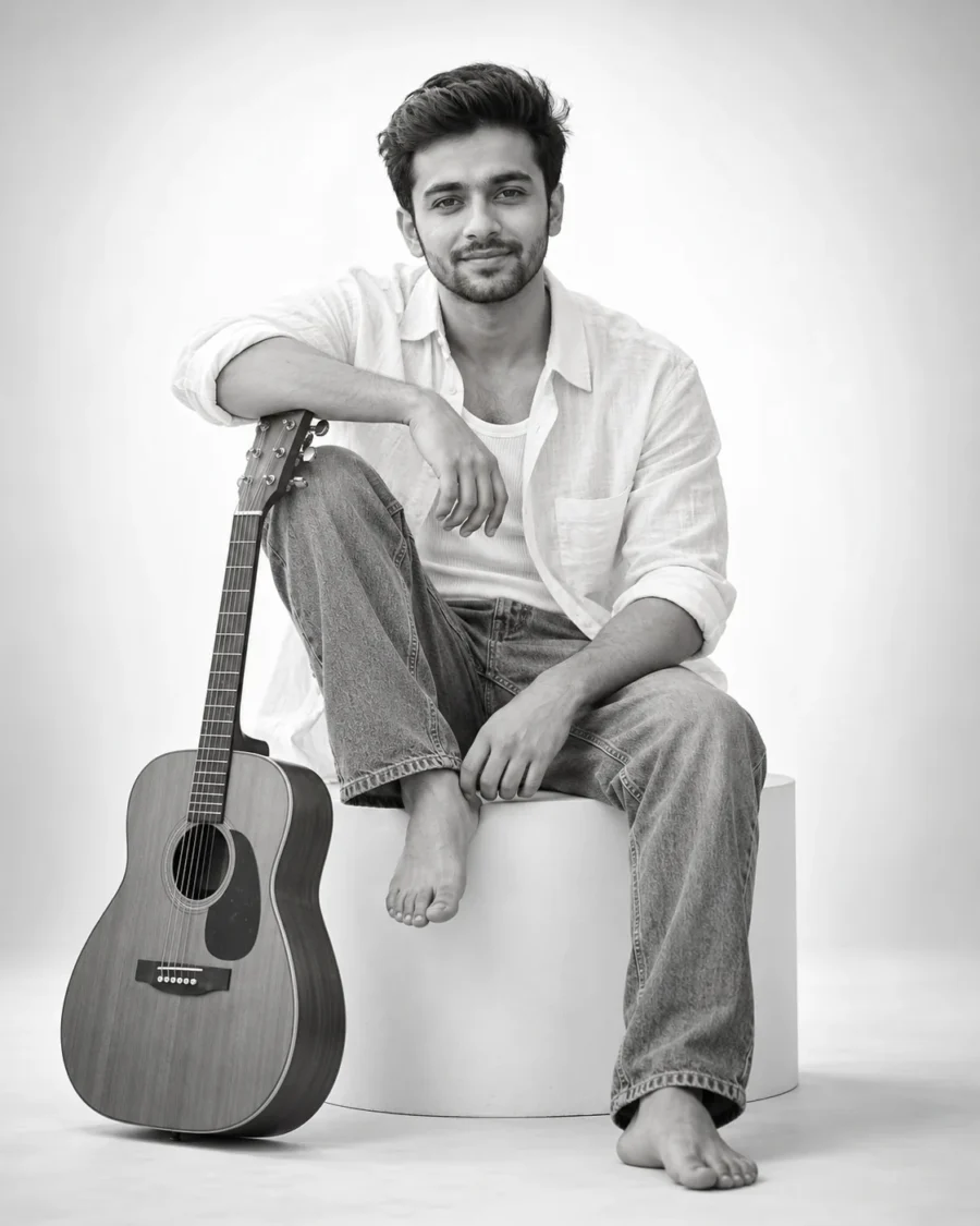 High-Key Studio Portrait of a seated man holding an acoustic guitar on a white plinth in a minimalist cyclorama studio.