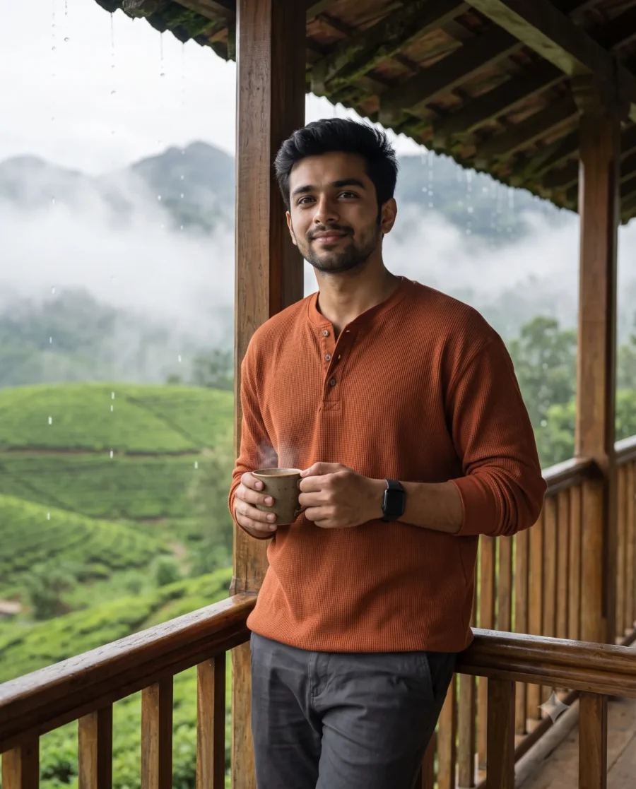 Mountain Portrait Prompt visual of a man in a rust henley holding tea on a rainy veranda.