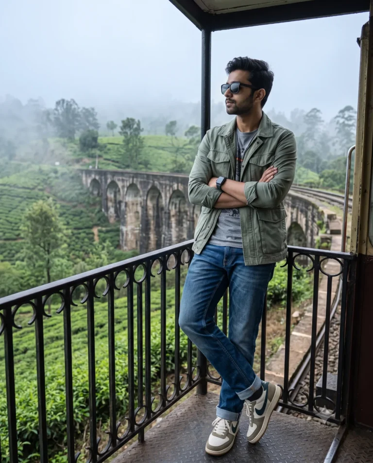 A cinematic travel portrait of a man in a green utility jacket standing on a mountain railway viaduct in the fog.