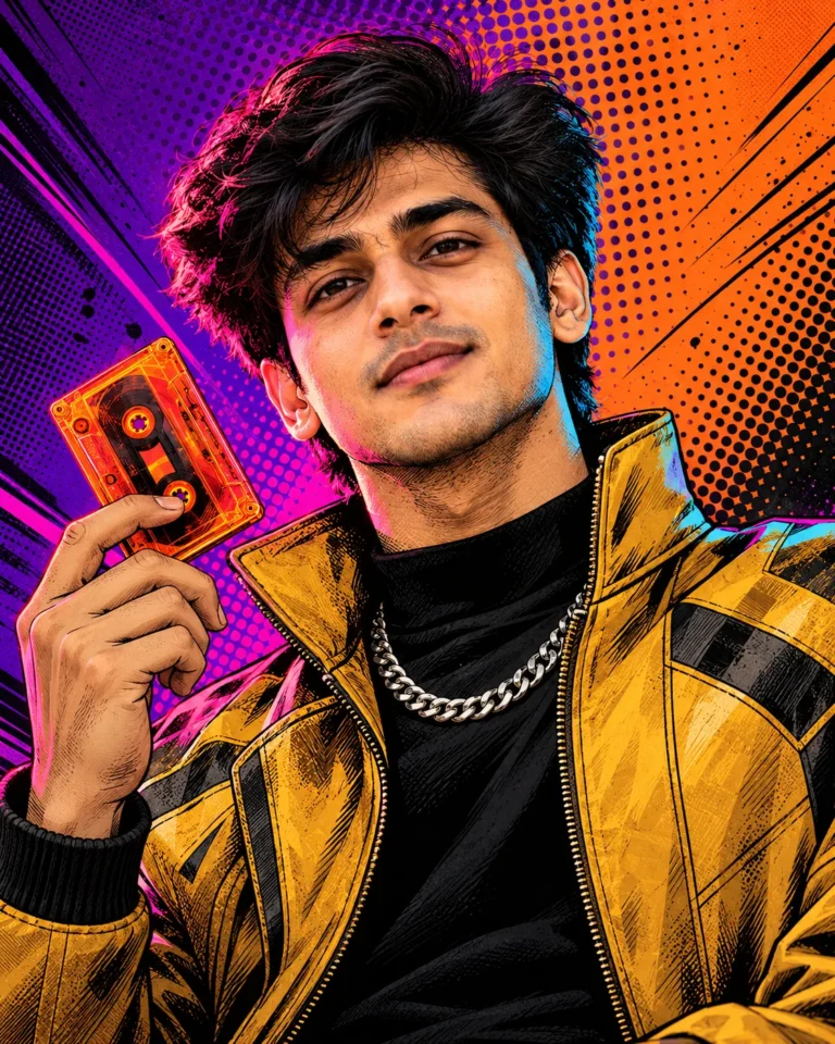 Graphic Novel Illustration Portrait of a man in a yellow leather bomber holding an orange cassette tape.