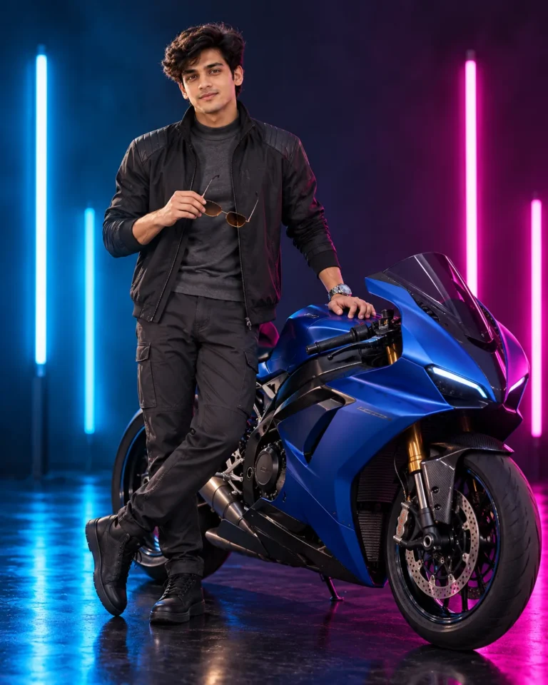 Man standing beside a sleek motorcycle under cyan and magenta neon lights using a sportbike portrait prompt.