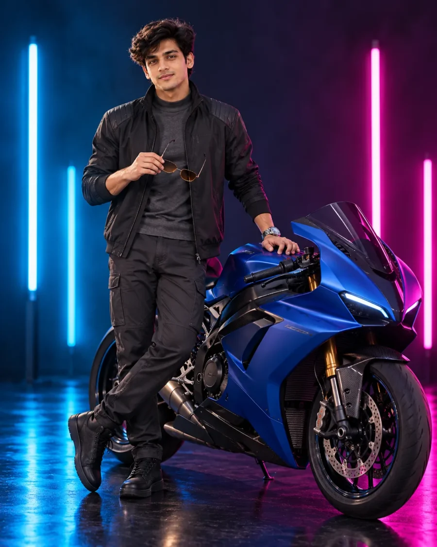 Man standing beside a sleek motorcycle under cyan and magenta neon lights using a sportbike portrait prompt.