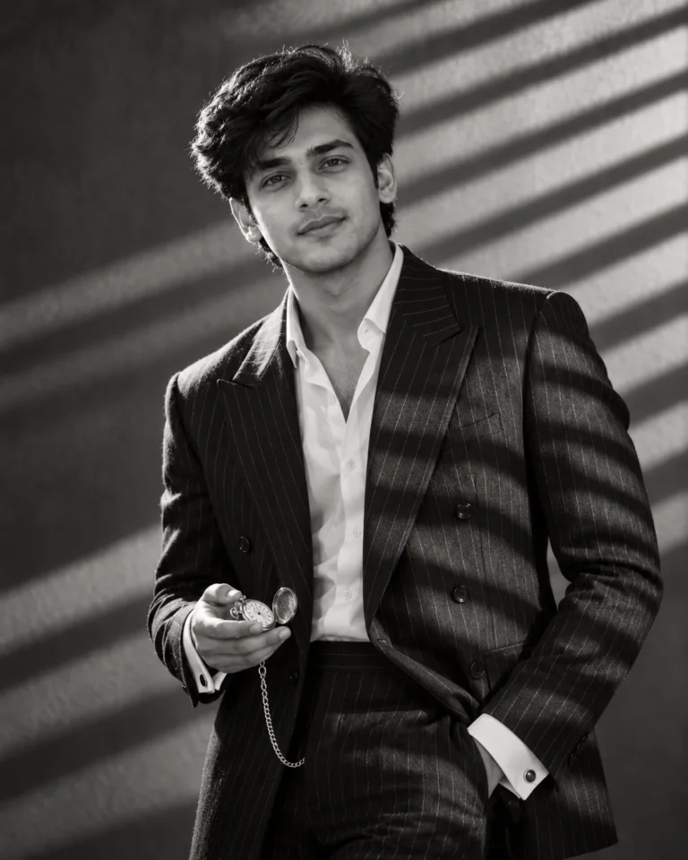 Film Noir Studio Portrait of a man in a pinstripe wool suit holding a silver pocket watch under slatted gobo shadows.