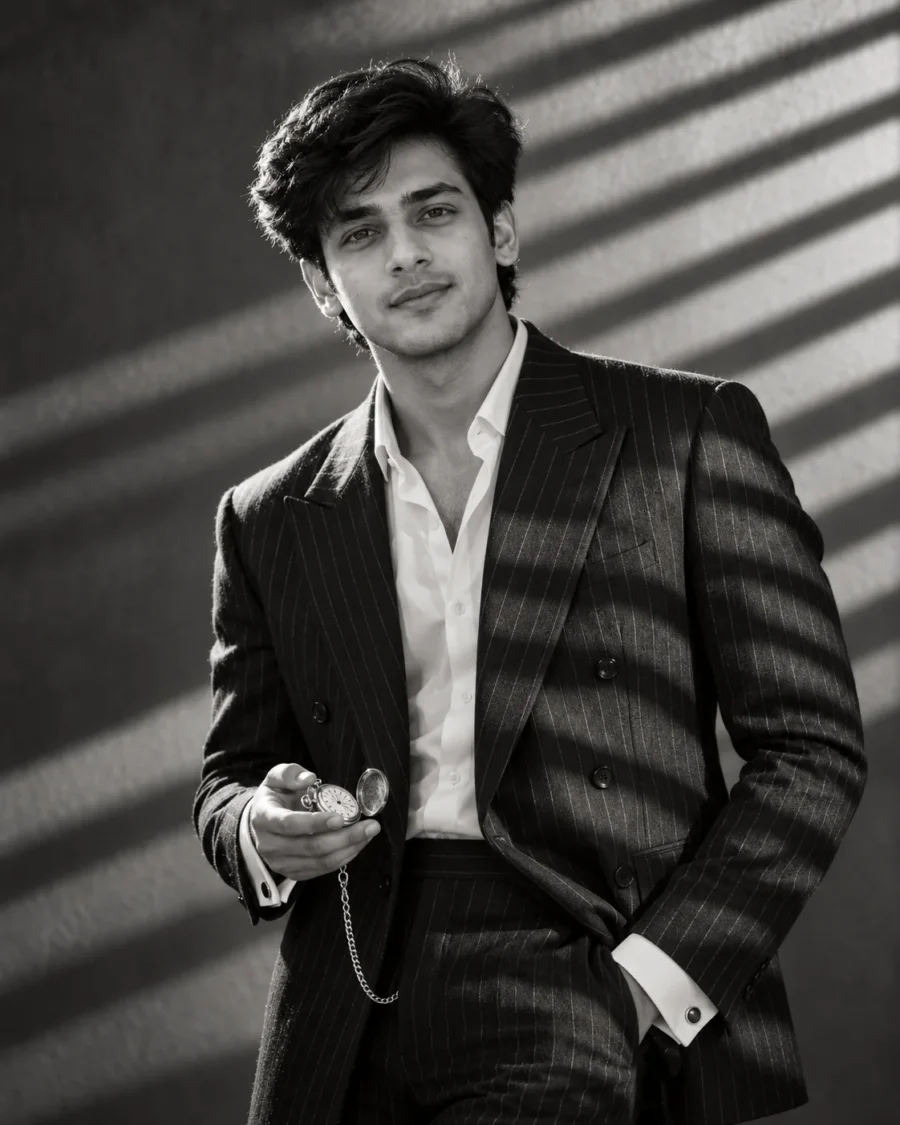 Film Noir Studio Portrait of a man in a pinstripe wool suit holding a silver pocket watch under slatted gobo shadows.