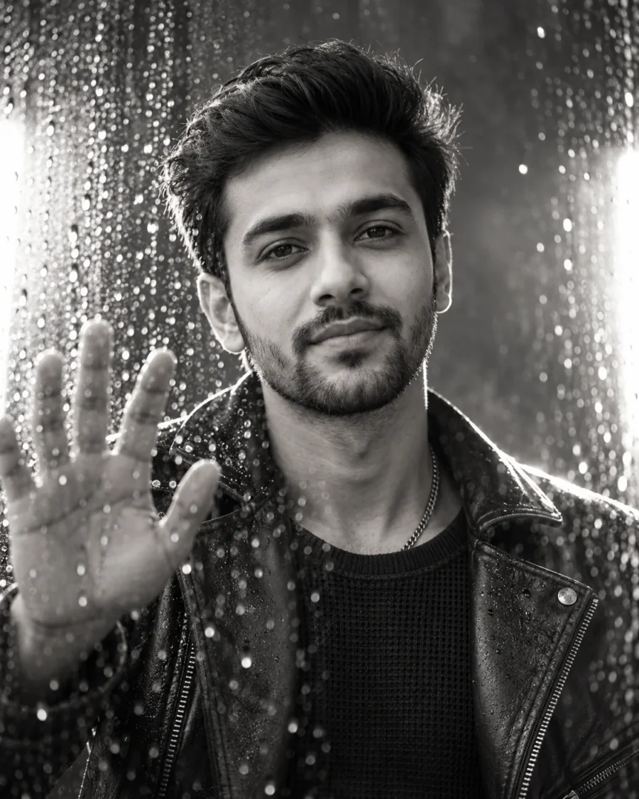 Misted Glass Studio Portrait of a man in a black leather moto jacket resting fingertips against water droplets.