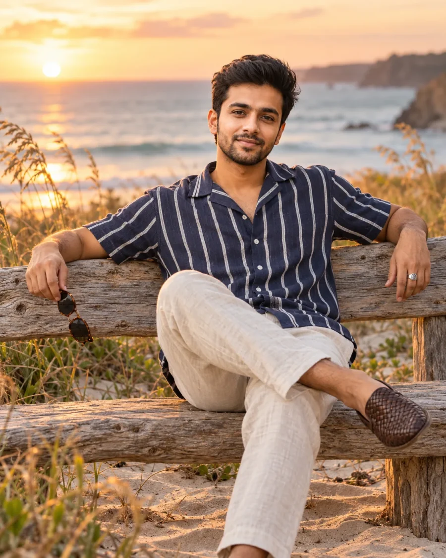 Seaside sunset portrait of a smiling man in a striped linen shirt sitting on a timber bench by the sea.