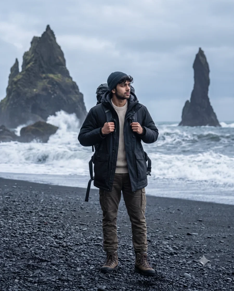 Cinematic Iceland Landscape Portrait of a South Asian man in a winter parka standing on a black sand beach.
