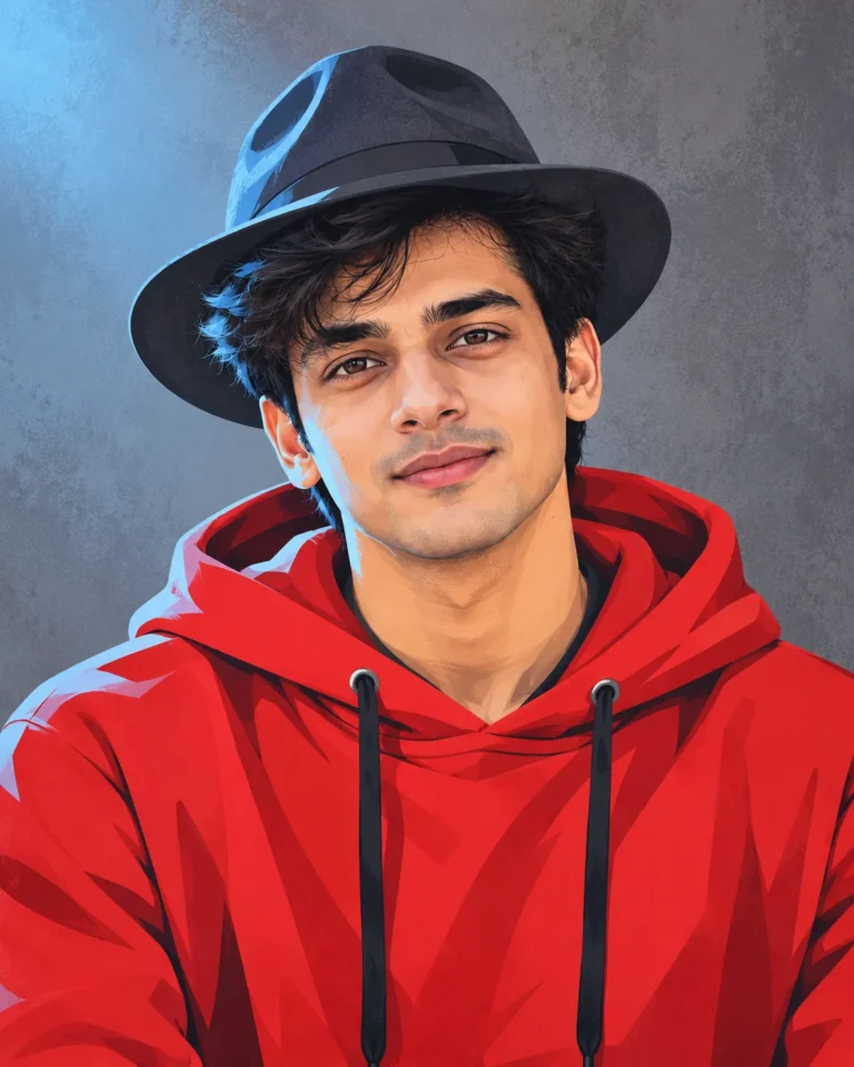 Flat Minimalist Portrait of a bearded man in a red hoodie and fedora against a gray background