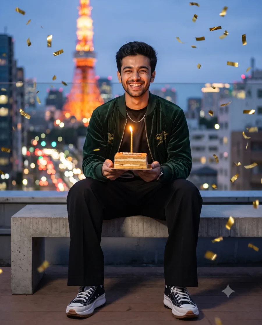 Tokyo rooftop birthday portrait of a smiling man holding a birthday cake on a penthouse terrace overlooking Shibuya.