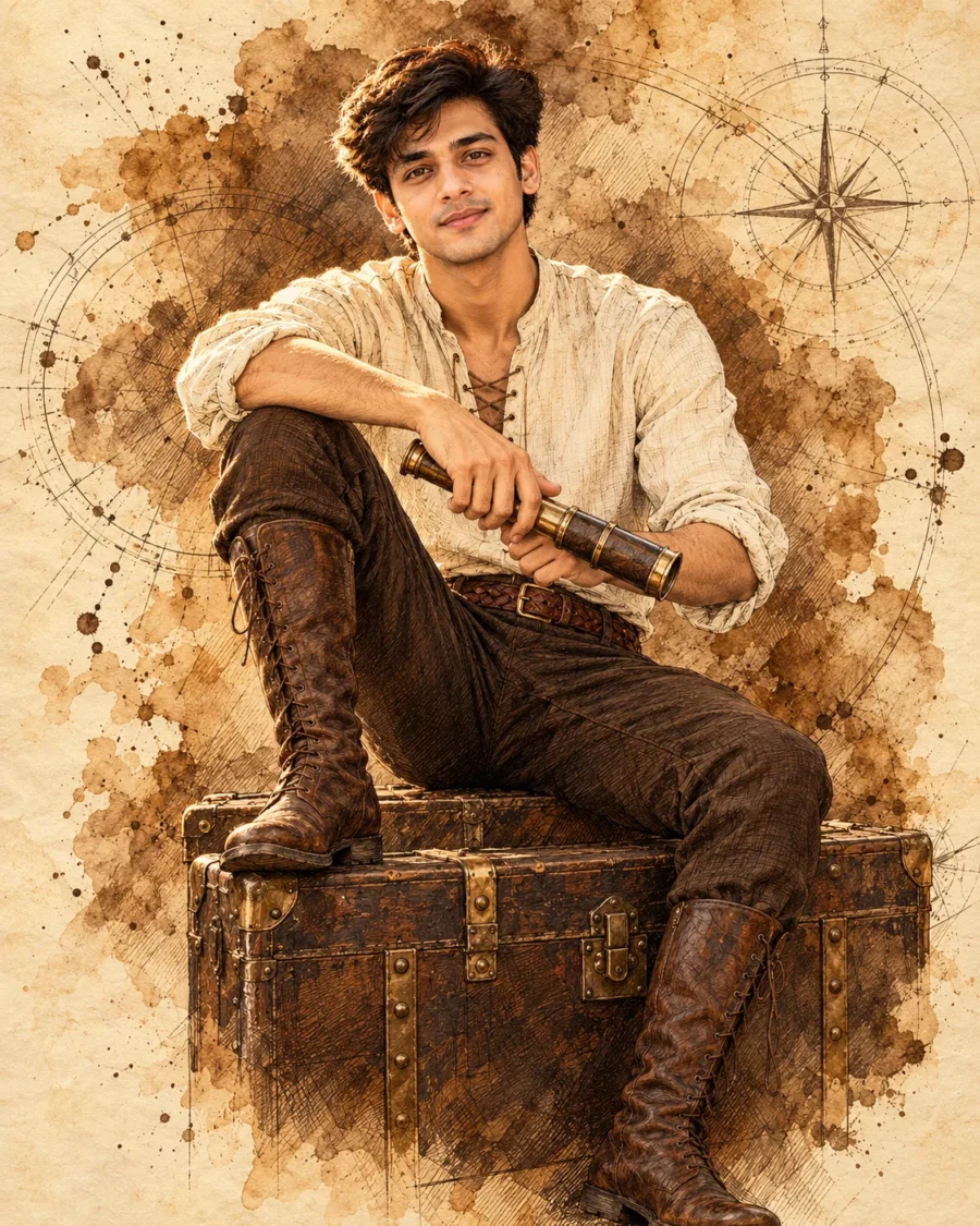 Sepia Ink Wash Portrait of a seated man in a linen shirt holding an antique brass spyglass on a wooden trunk.