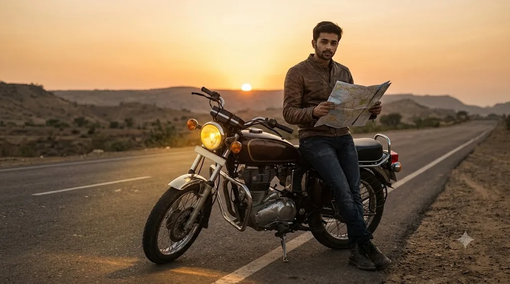 Cinematic prompts still of a man with a classic motorcycle on an open highway during golden hour sunset.