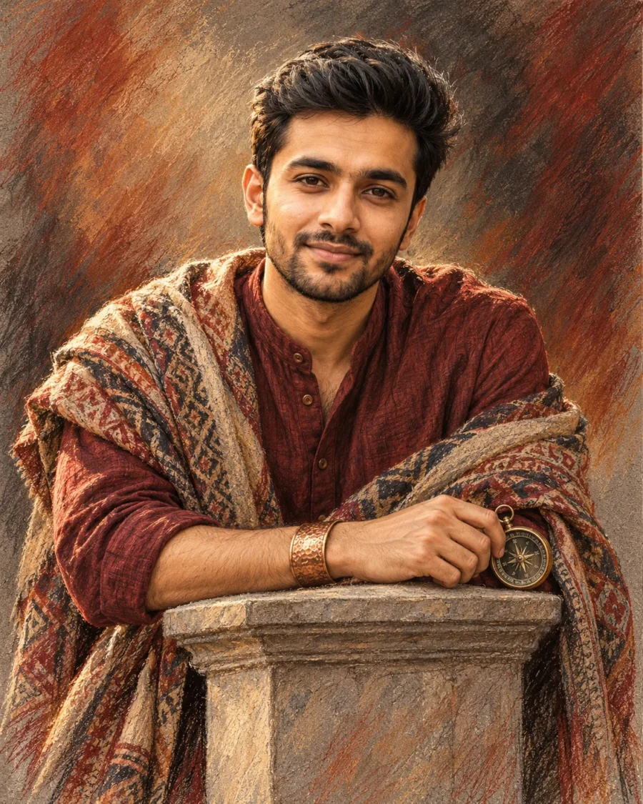 Soft Pastel Drawing Portrait of a man in a maroon raw-silk kurta holding a brass compass at a stone pedestal.