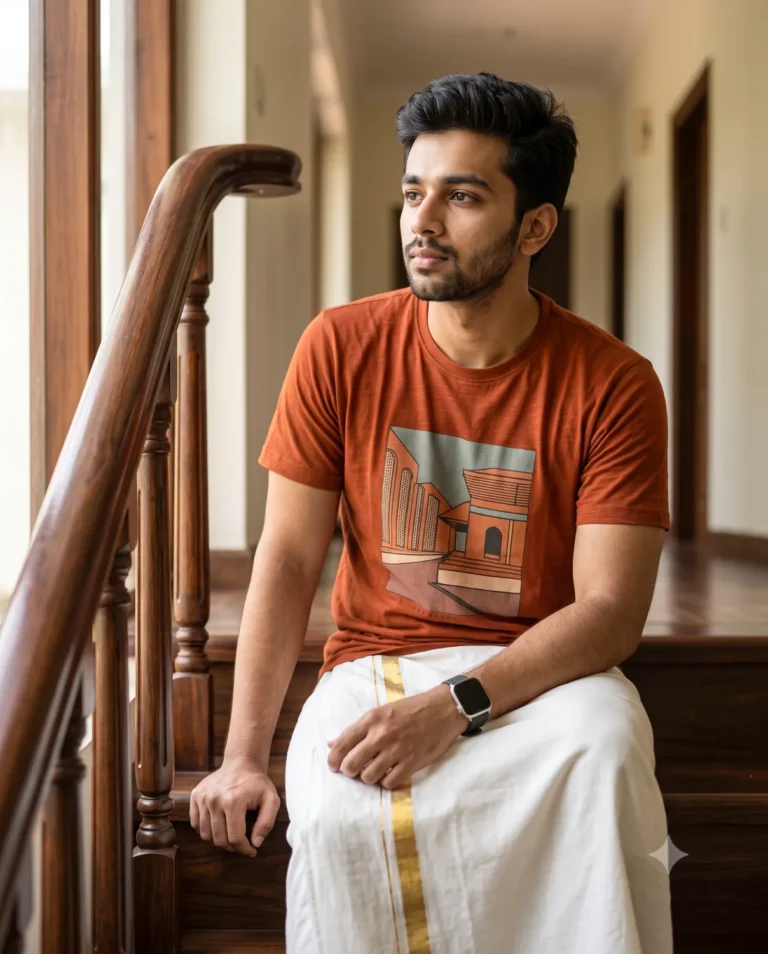 A candid environmental portrait of a man in white mundu sitting on a wooden staircase in warm natural light.