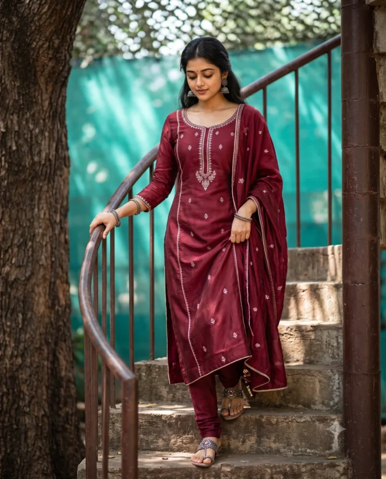 A cinematic outdoor portrait generated by a salwar kameez prompt featuring a woman on stone steps with teal bokeh.