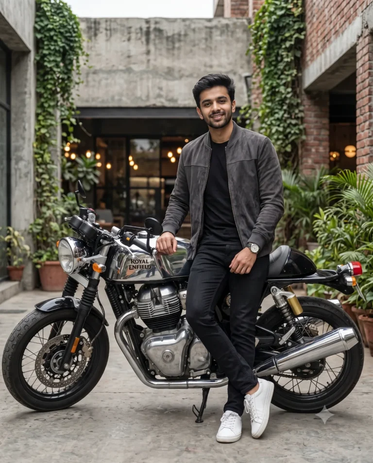 A handsome man leaning against a classic cafe racer generated from a motorcycle prompt in a textured industrial courtyard.