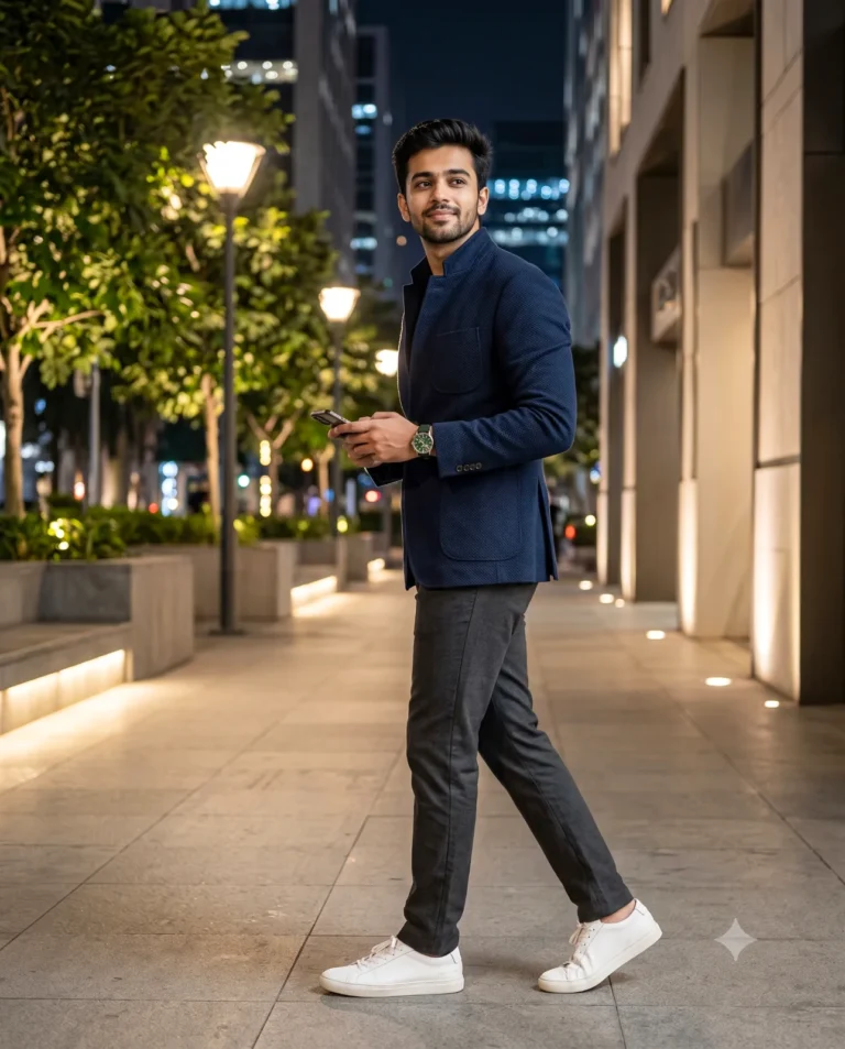A candid night city portrait of a man in a navy jacket walking confidently under soft glowing streetlamps.