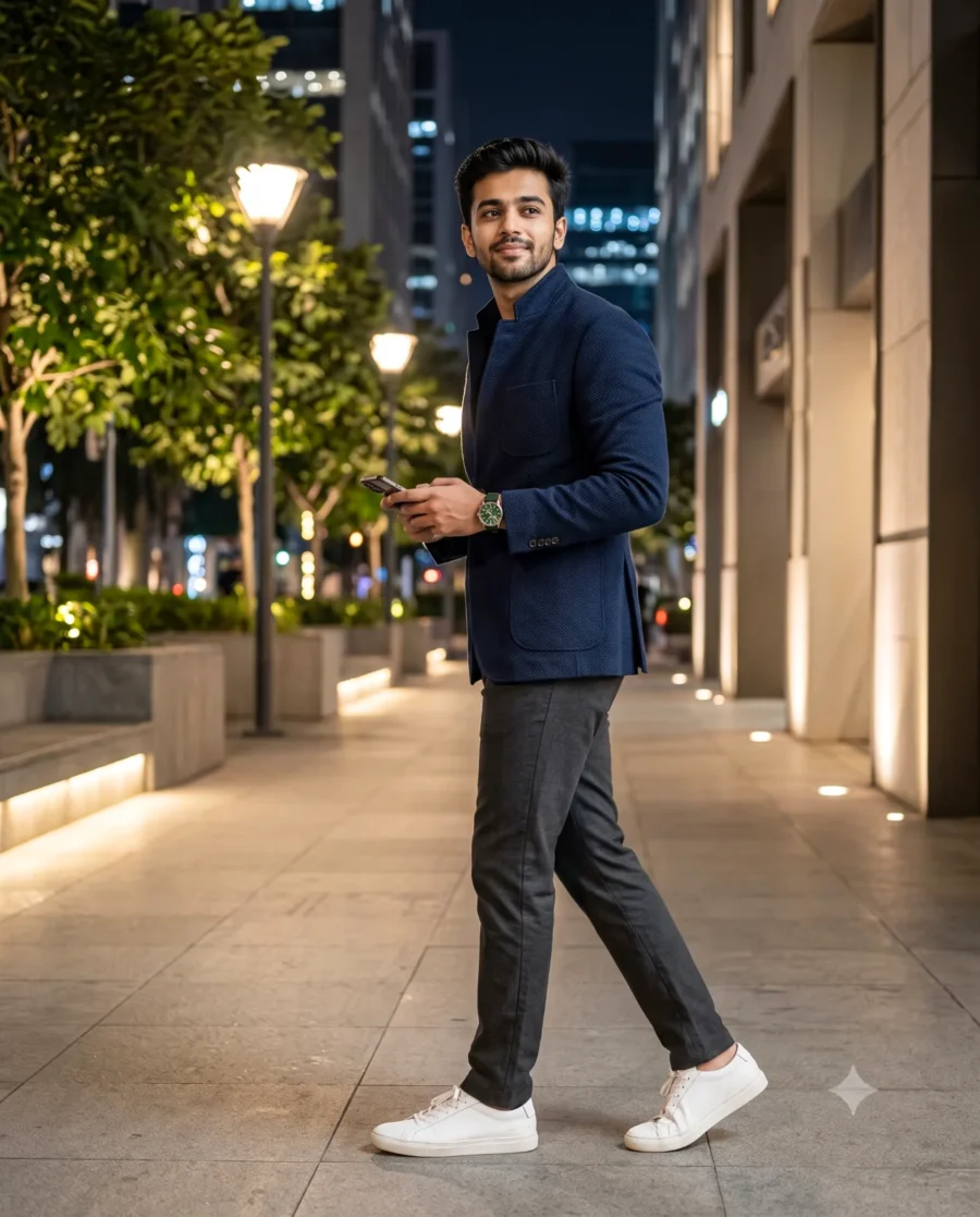 A candid night city portrait of a man in a navy jacket walking confidently under soft glowing streetlamps.