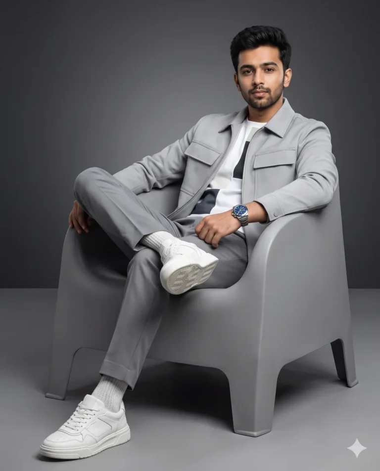 Studio photo prompt generating a full-body commercial fashion portrait of a man sitting in a grey sculptural armchair.