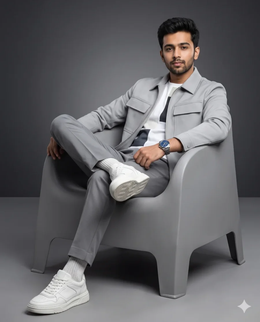 Studio photo prompt generating a full-body commercial fashion portrait of a man sitting in a grey sculptural armchair.