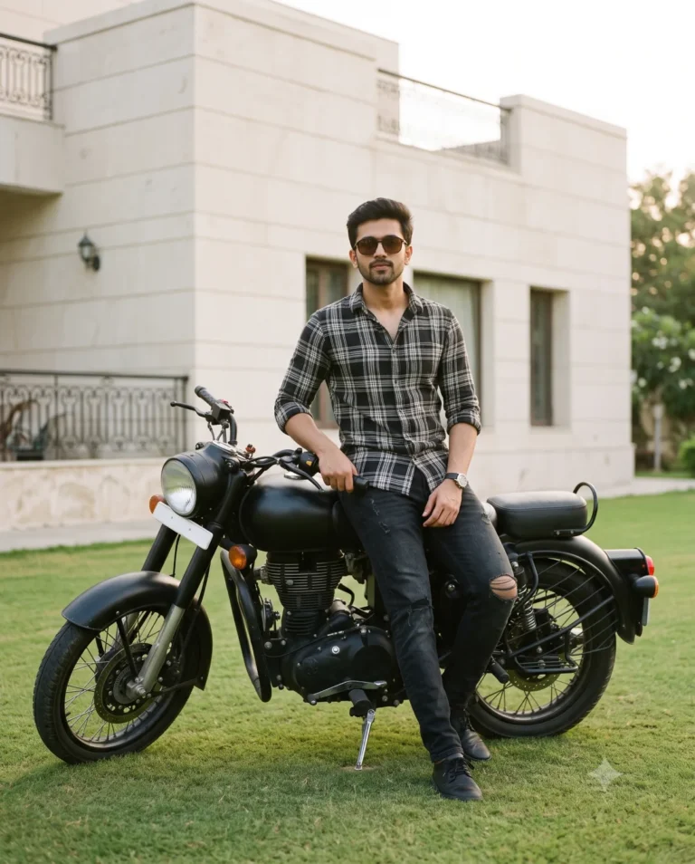 A man in a plaid shirt and sunglasses leaning on a motorcycle using a vintage bike prompt, set against a limestone villa.